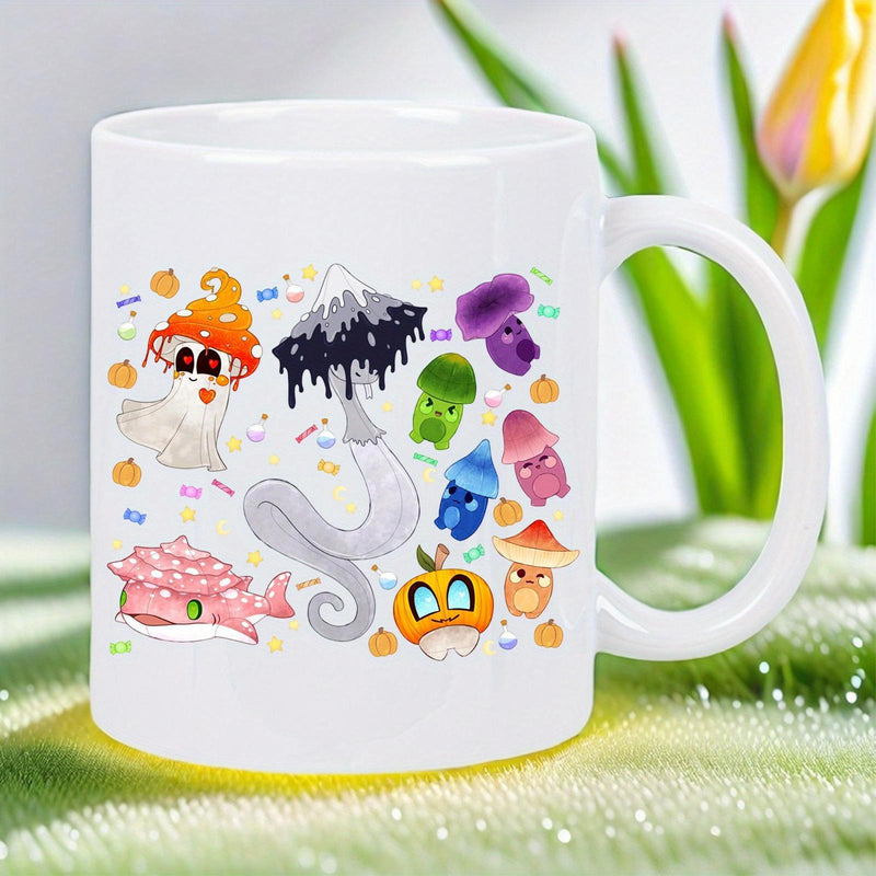 Tailorly White Ceramic 11 oz Mug - Whimsical Assorted Colorful Cartoon Characters With Vibrant Faces And Artistic Styles Mushroom