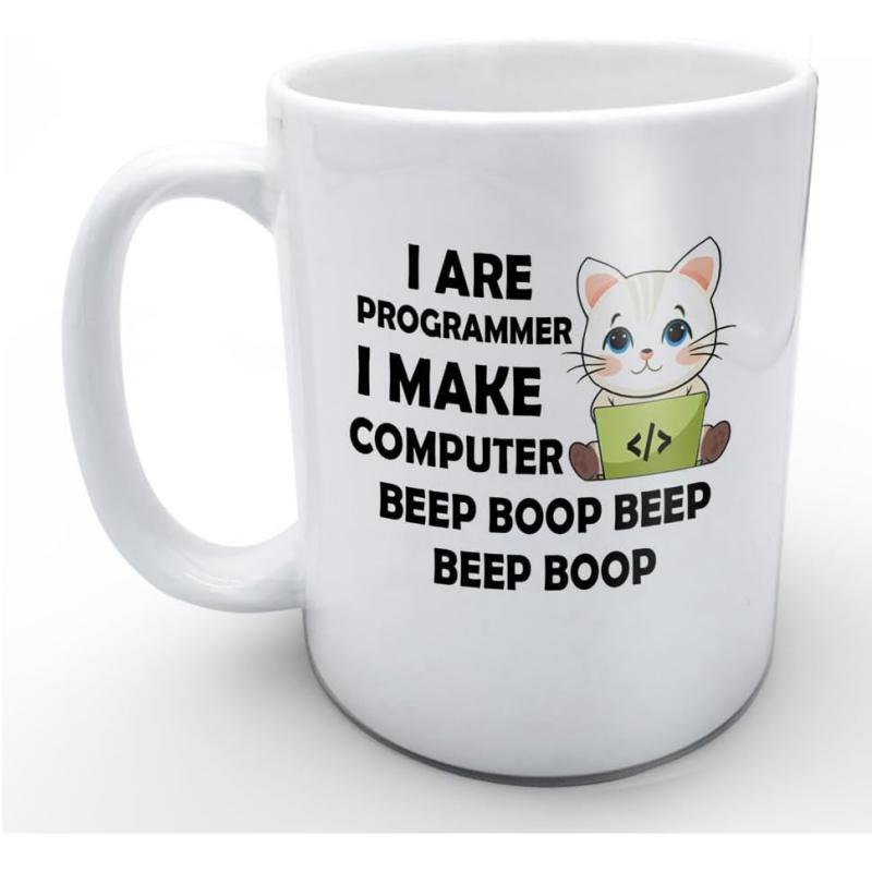 Tailorly White Ceramic 11 oz Mug - I Are Programmer I Make Computer Beep Boop Beep Beep Boop Cute Little Kitten Sitting Behind A Green Laptop Screen Coding