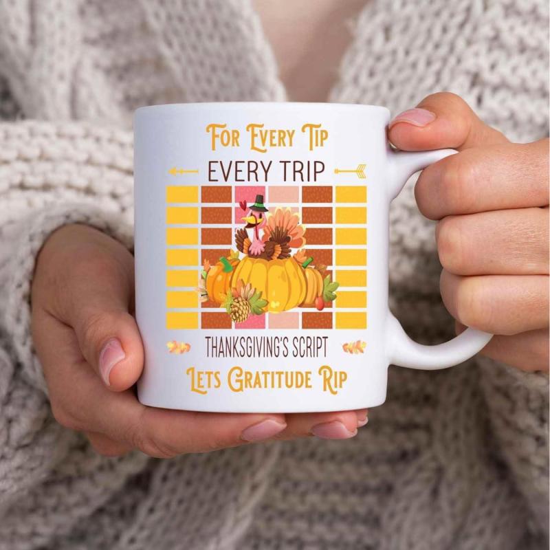 Tailorly White Ceramic 11 oz Mug - For Every Tip Every Trip Thanksgiving Script Let Gratitude Rip Festive Autumn Scene With Golden Pumpkins Under Retro Sunset