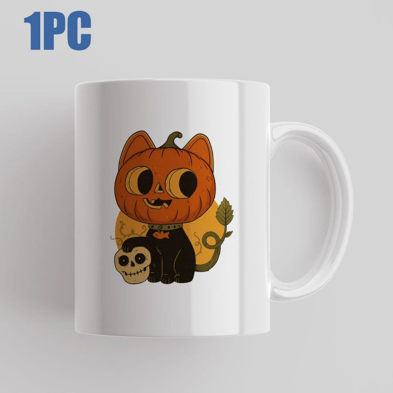 Tailorly White Ceramic 11 oz Mug - Adorable Vintage Style Black Halloween Kitten Wearing Carved Jack O Lantern Head Cat