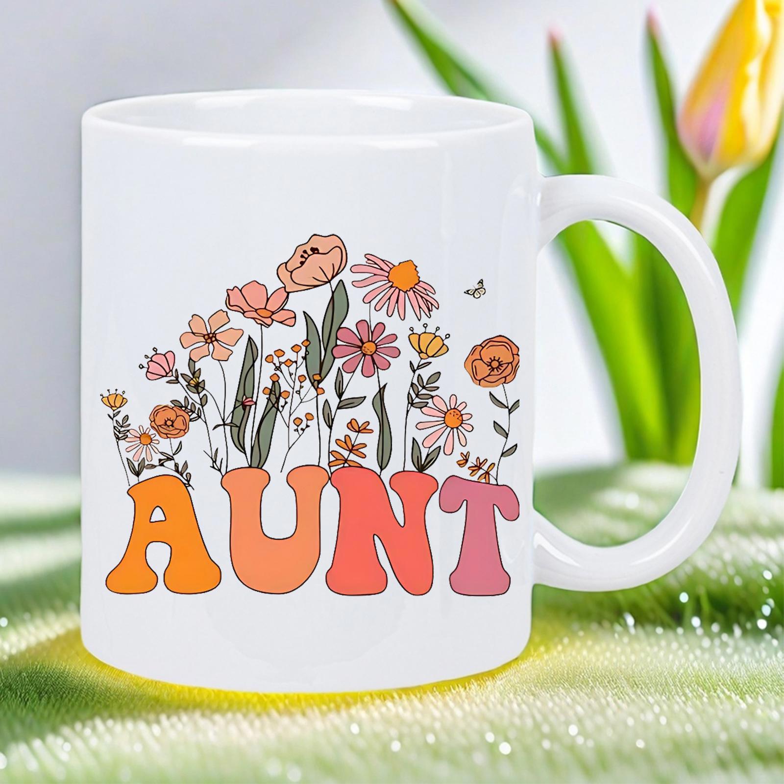 Tailorly White Ceramic 11 oz Mug - Aunt Vintage Floral Bouquet Growing Over Colorful Retro Bubble Styled Letters Flower