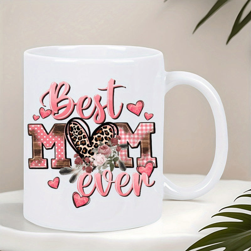 Tailorly White Ceramic 11 oz Mug - Best Mom Ever Vibrant Pink Hearts With Leopard Pattern And Blooming Floral Accents Surrounding A Heart