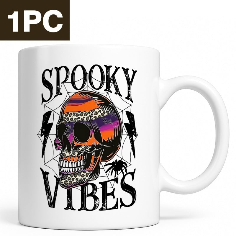 Tailorly White Ceramic 11 oz Mug - Spooky Vibes Distressed Halloween Pattern Featuring Colorful Leopard Print Details And Spider Web Skull