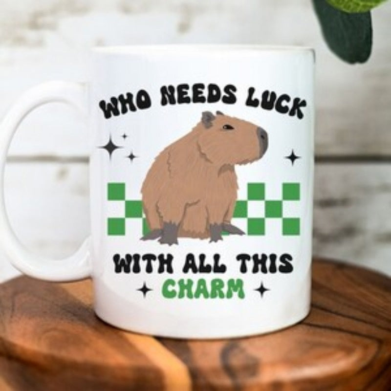 Tailorly White Ceramic 11 oz Mug - Who Needs Luck With All This Charm Adorable Brown Animal Sitting Before Green Checkered Sparkle Background Capybara