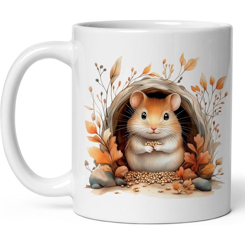 Tailorly White Ceramic 11 oz Mug - Adorable Small Animal Peeking From A Warm Cozy Autumn Nest Hamster