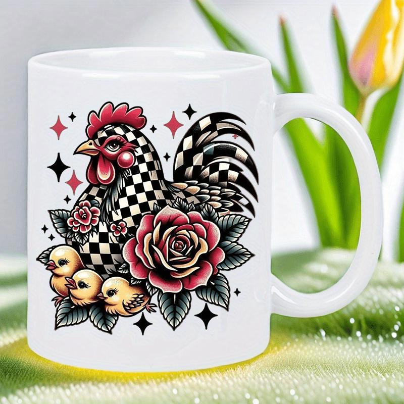 Tailorly White Ceramic 11 oz Mug - Artistic Checkered Pattern With Red Rose And Little Chicks Among Stars Rooster