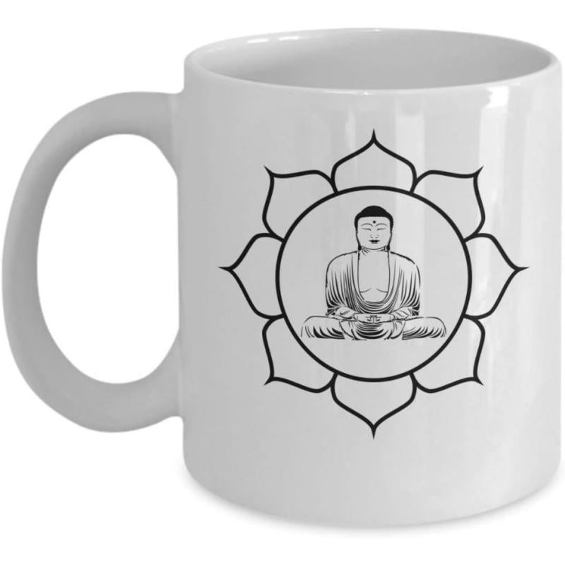 Tailorly White Ceramic 11 oz Mug - Serene Meditating Figure Seated Peacefully Within A Delicate Blooming Lotus Mandala Buddha