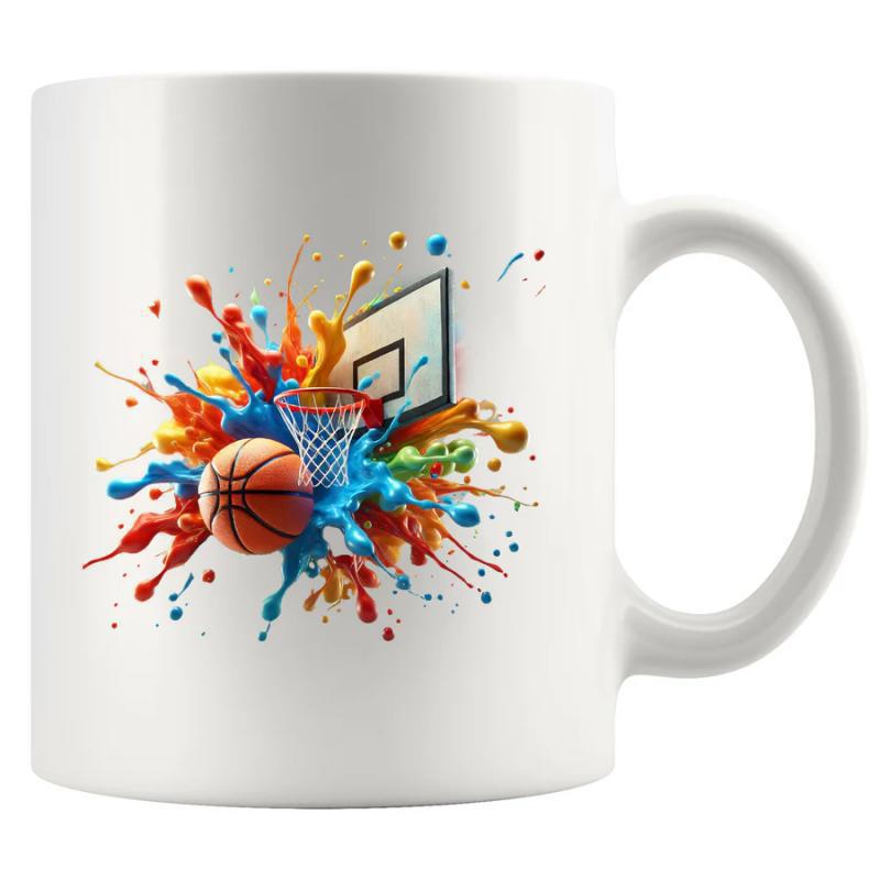 Tailorly White Ceramic 11 oz Mug - Dynamic Colorful Paint Splatter Surrounding A Classic Hoop And Sporty Basketball