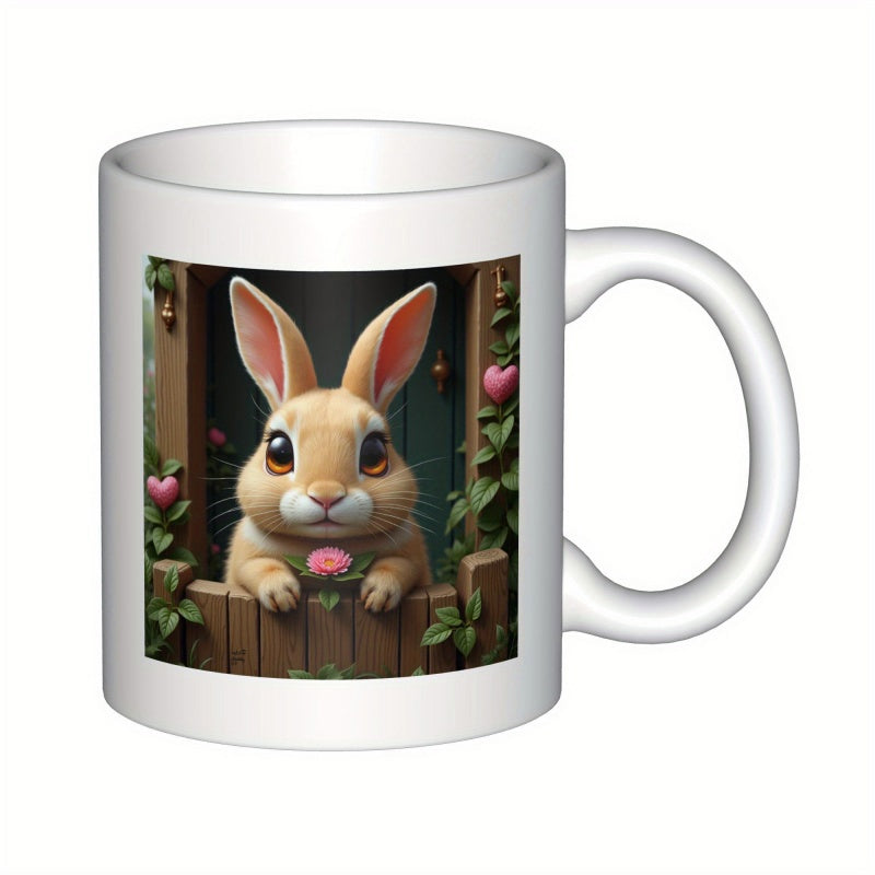 Tailorly White Ceramic 11 oz Mug - Adorable Brown Rabbit Peeking Over Wooden Fence Among Pink Flowers And Green Leaves Rabbit