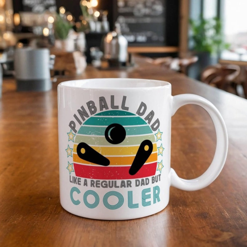 Tailorly White Ceramic 11 oz Mug - Pinball Dad Like A Regular Dad But Cooler Retro Vintage Sunset Background With Classic Black Flipper Elements And Game Pinball