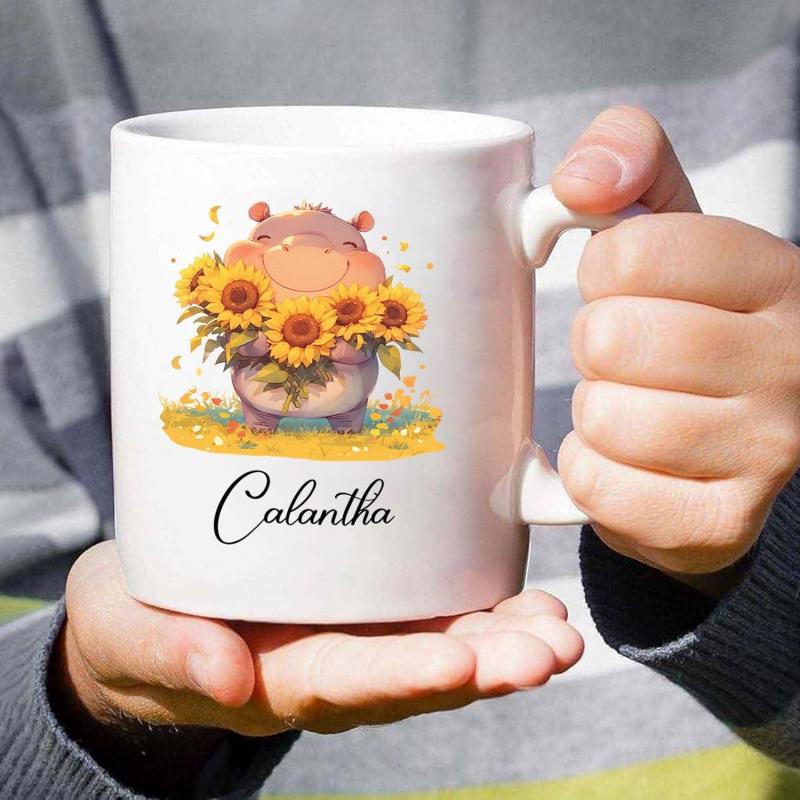 Tailorly White Ceramic 11 oz Mug - Calantha Adorable Cartoon Animal Holding A Large Bouquet Of Yellow Sunflowers Hippo