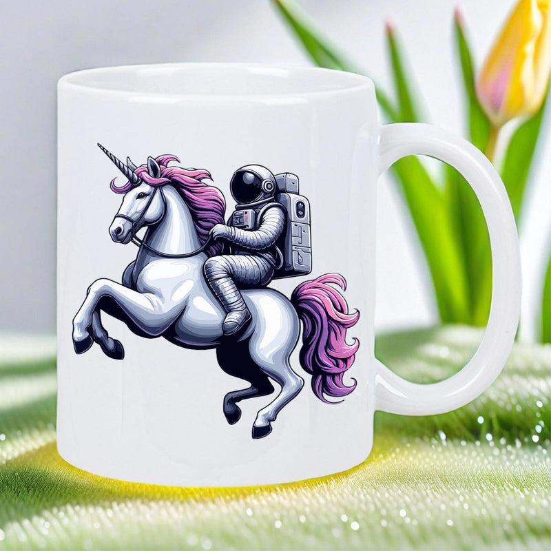 Tailorly White Ceramic 11 oz Mug - Majestic Astronaut Riding A Galloping Creature With Pink Flowing Mane Unicorn