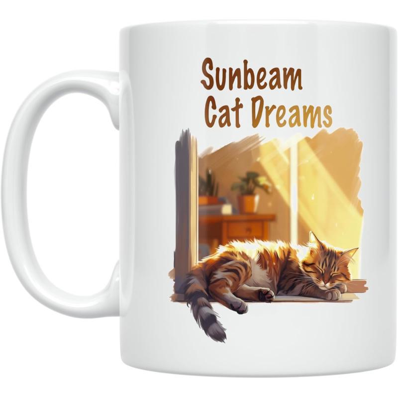 Tailorly White Ceramic 11 oz Mug - Sunbeam Cat Dreams Sleeping Tabby Resting Within Warm Golden Rays Near Sunlight Drenched Window Cat
