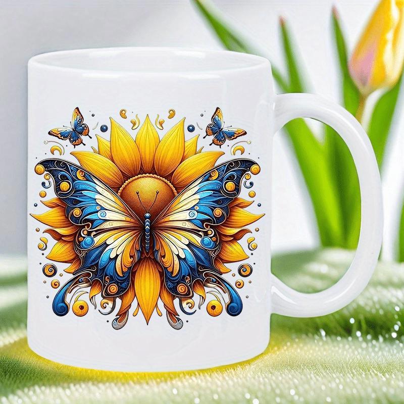 Tailorly White Ceramic 11 oz Mug - Vibrant Ornate Wings Resting On Golden Petals Among Symmetrical Decorative Swirls Butterfly