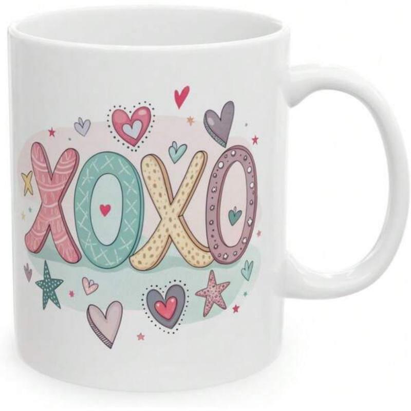 Tailorly White Ceramic 11 oz Mug - XOXO Whimsical Hand Drawn Hearts And Stars Floating Around Decorative Mug
