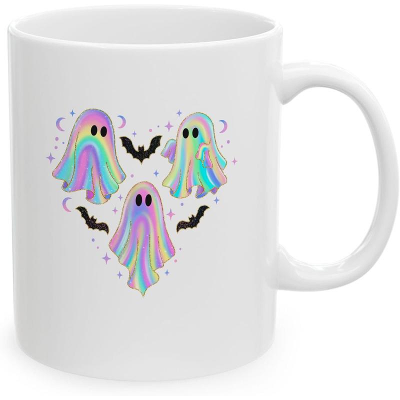Tailorly White Ceramic 11 oz Mug - Three Iridescent Pastel Rainbow Floating Spirits Among Small Black Night Bats Ghost
