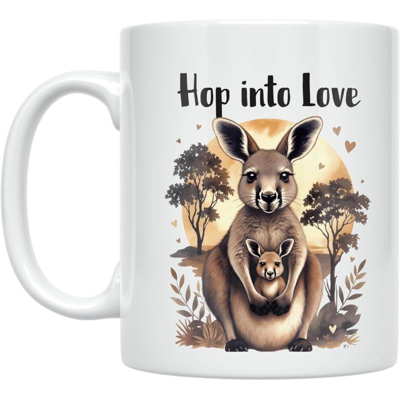 Tailorly White Ceramic 11 oz Mug - Hop Into Love Serene Mother Kangaroo With Joey Under Golden Sunset Trees Kangaroo