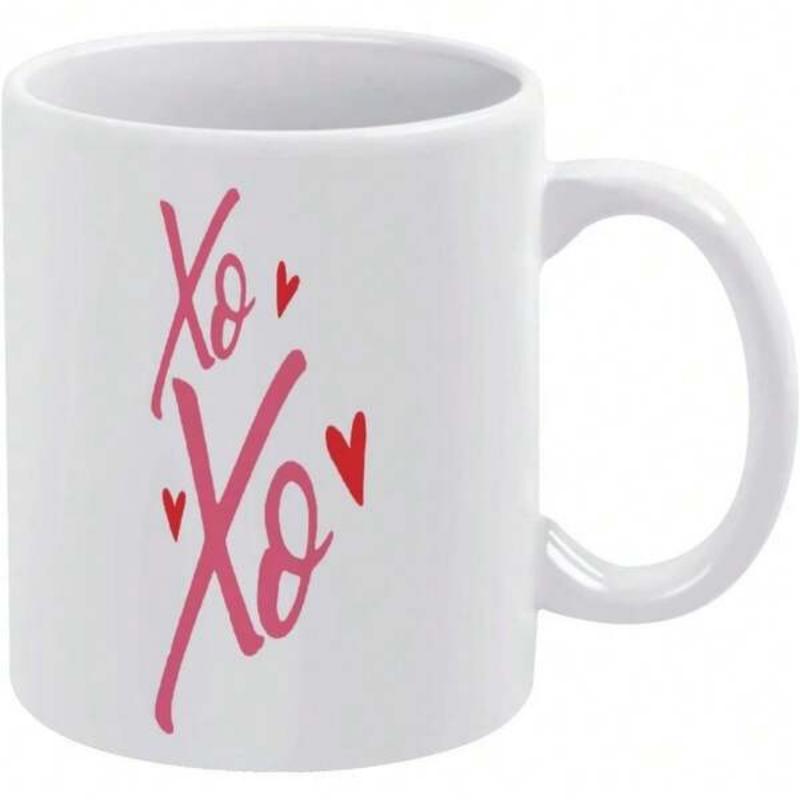 Tailorly White Ceramic 11 oz Mug - Xoxo Pink Handwritten Script Lettering Surrounded By Small Red Hearts Mug