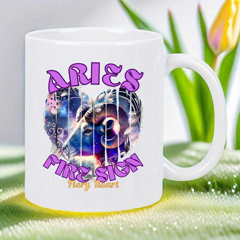Tailorly White Ceramic 11 oz Mug - Aries Fire Sign Fiery Heart Majestic Ram Profile Inside Galaxy Heart Surrounded By Purple Cosmic Nebula Aries