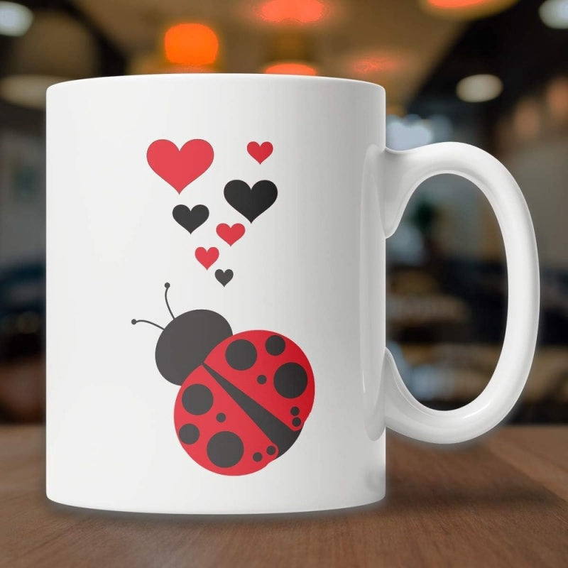 Tailorly White Ceramic 11 oz Mug - Cute Stylized Insect With Floating Black And Red Tiny Hearts Ladybug