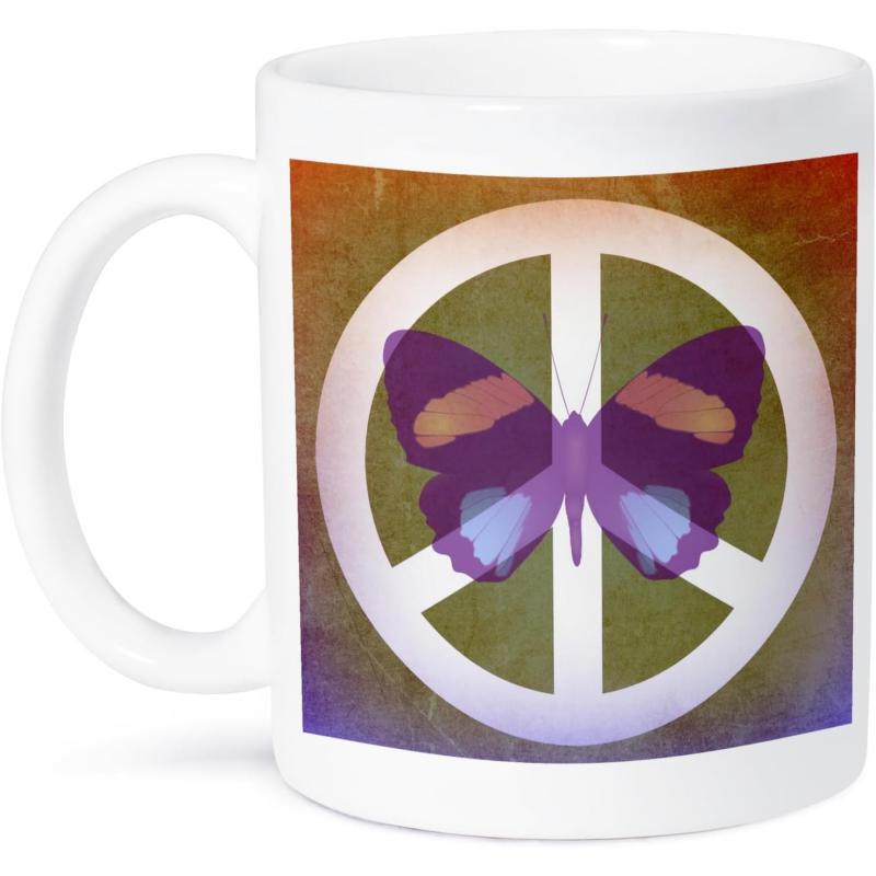 Tailorly White Ceramic 11 oz Mug - Artistic Purple Wings Centered Within A Classic White Geometric Peace Sign Butterfly