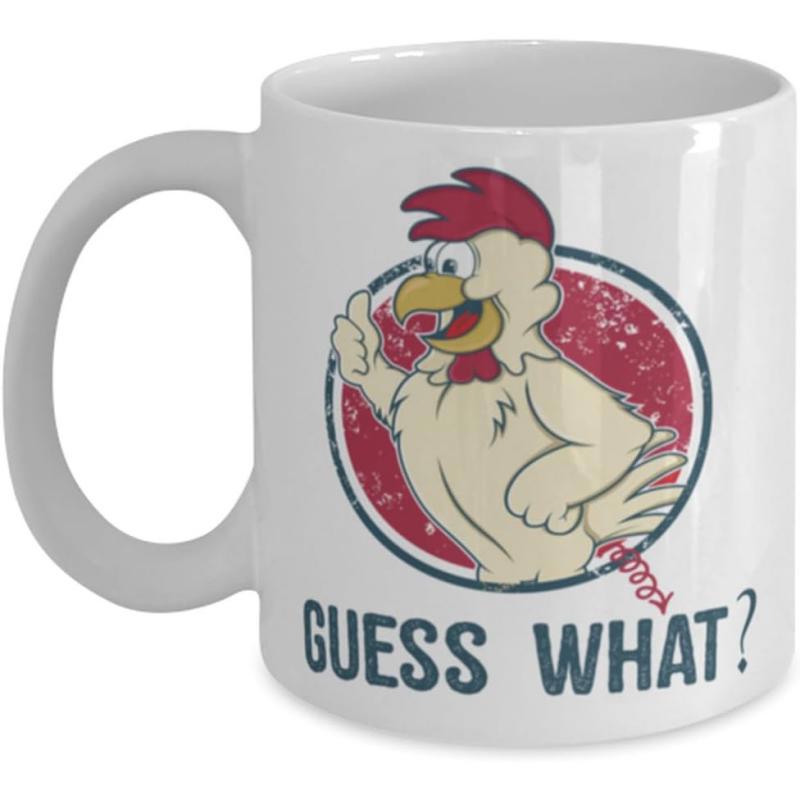 Tailorly White Ceramic 11 oz Mug - Guess What Funny Cartoon Character Giving Thumbs Up Inside Distressed Red Circle Rooster