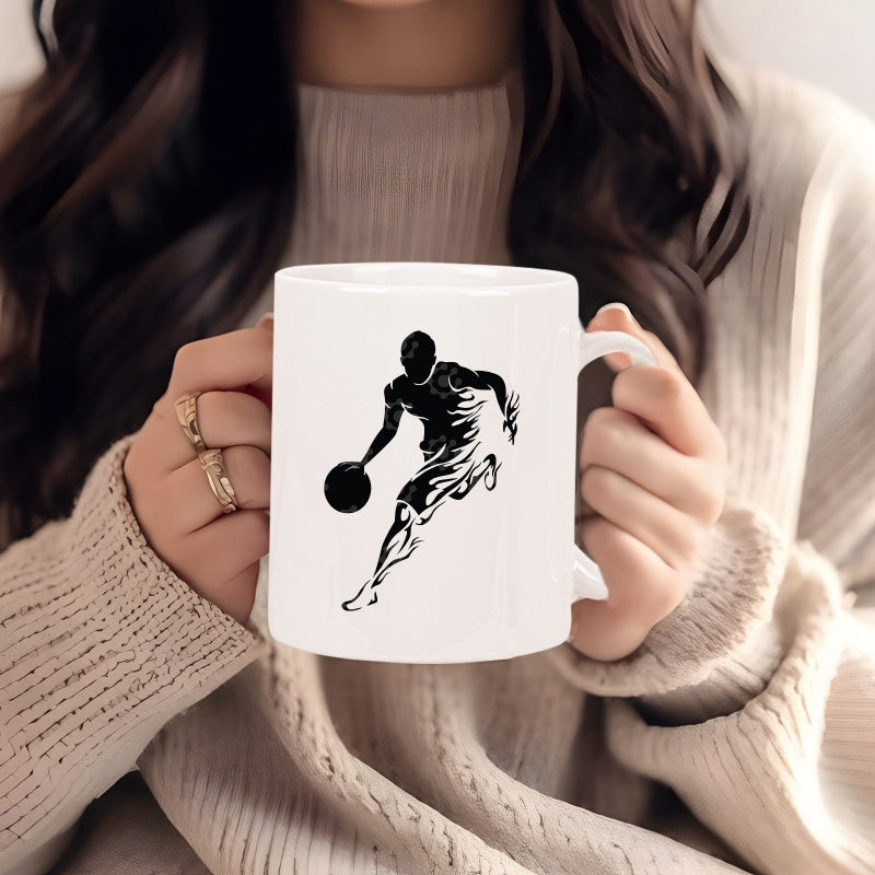 Tailorly White Ceramic 11 oz Mug - Dynamic Silhouette Of A Skilled Athlete Dribbling A Basketball With Intense Speed Player