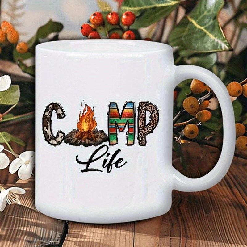Tailorly White Ceramic 11 oz Mug - Camp Life Warm Blazing Campfire With Decorative Animal And Colorful Serape Patterned Letters Mug