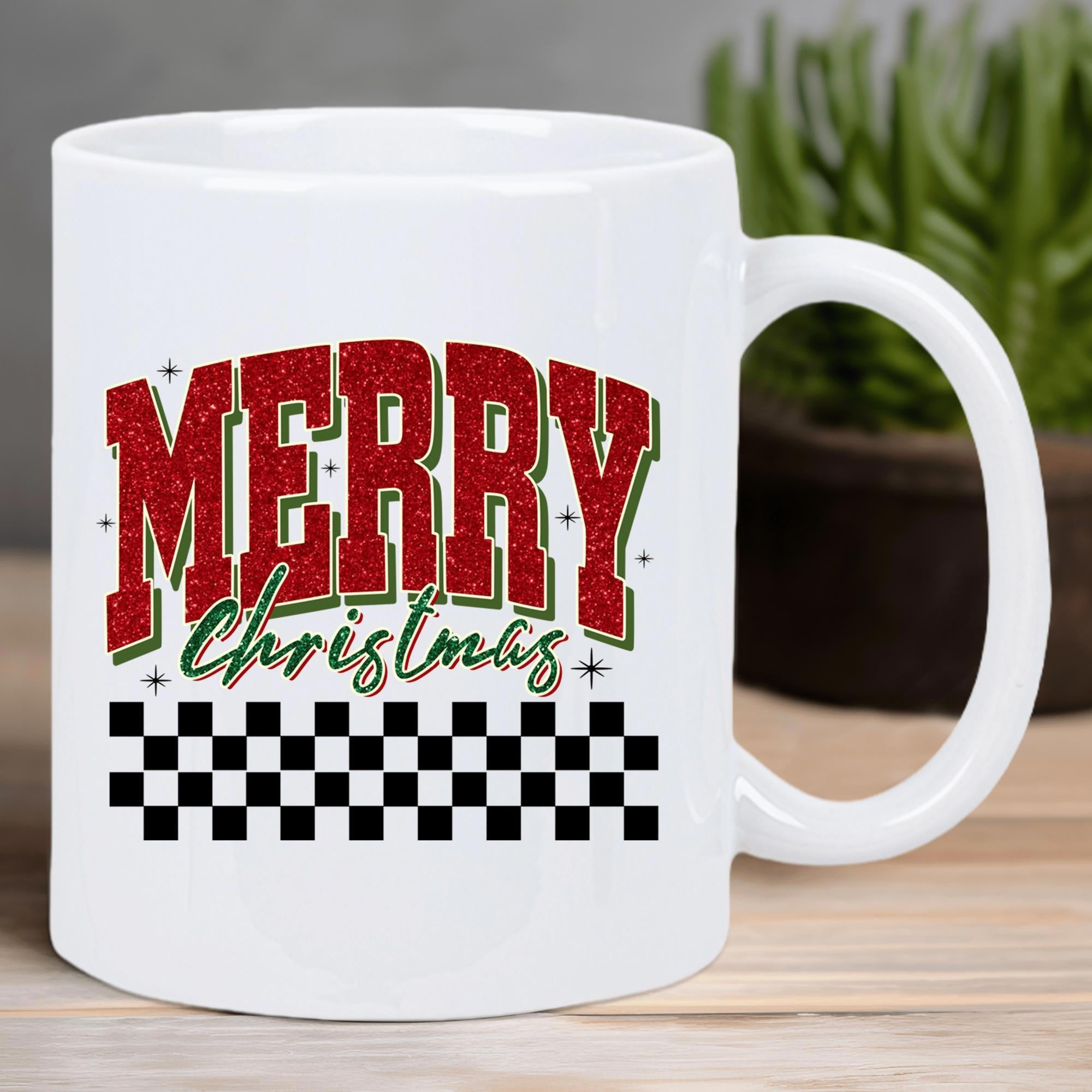 Tailorly White Ceramic 11 oz Mug - Merry Christmas Red Glitter Text Overlapping Green Script Above Bold Classic Checkerboard Design
