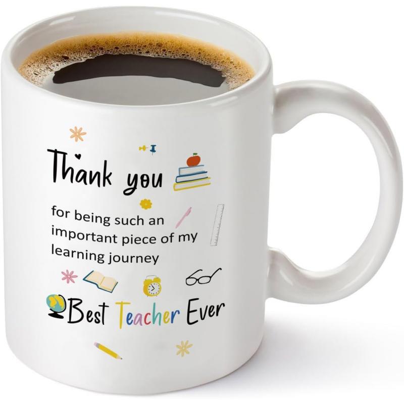 Tailorly White Ceramic 11 oz Mug - Thank You For Being Such An Important Piece Of My Learning Journey Best Teacher Ever Whimsical Hand Drawn Educational Icons