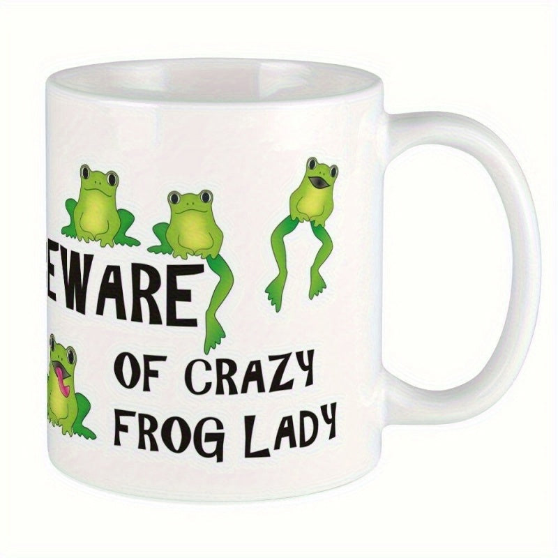 Tailorly White Ceramic 11 oz Mug - Beware Of Crazy Frog Lady Cheerful Little Green Cartoon Frogs Sitting And Standing With Joy Frog