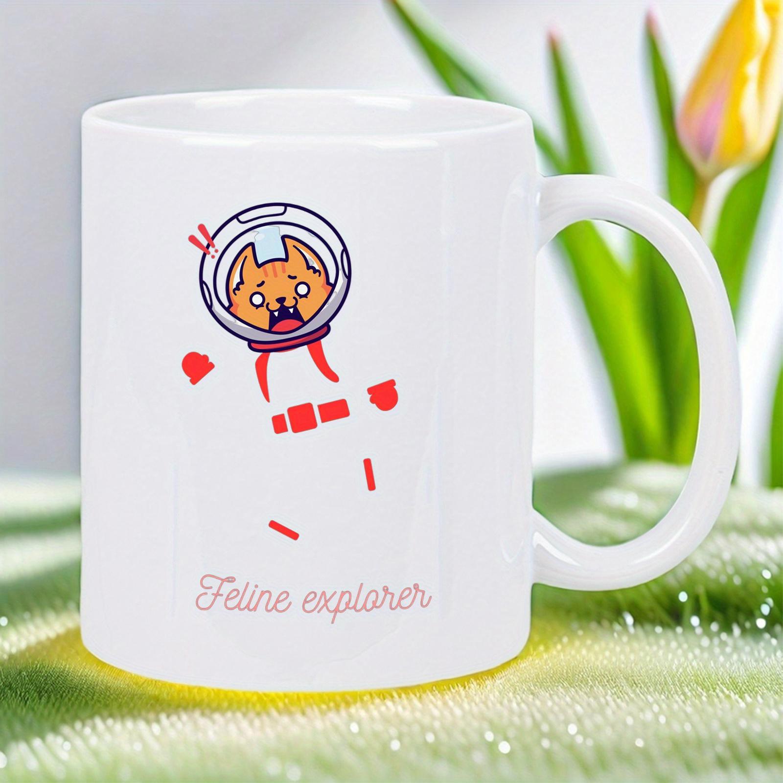 Tailorly White Ceramic 11 oz Mug - Feline Explorer Adorable Orange Cartoon Wearing Astronaut Helmet Floating In Vast Space Cat