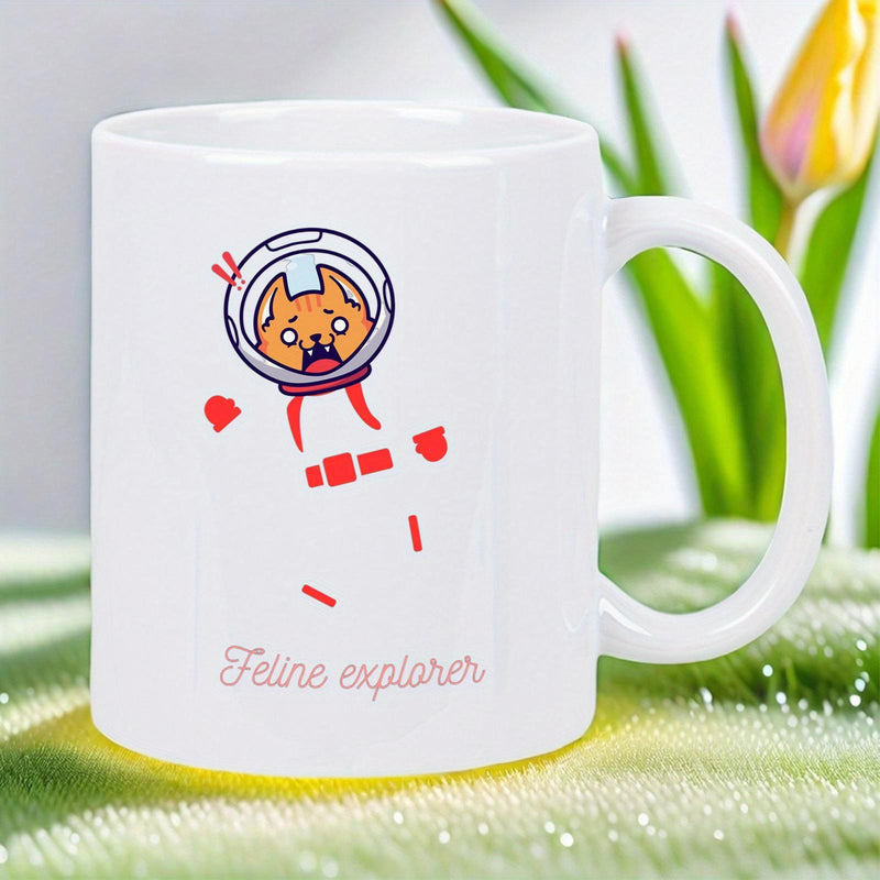 Tailorly White Ceramic 11 oz Mug - Feline Explorer Adorable Orange Cartoon Wearing Astronaut Helmet Floating In Vast Space Cat