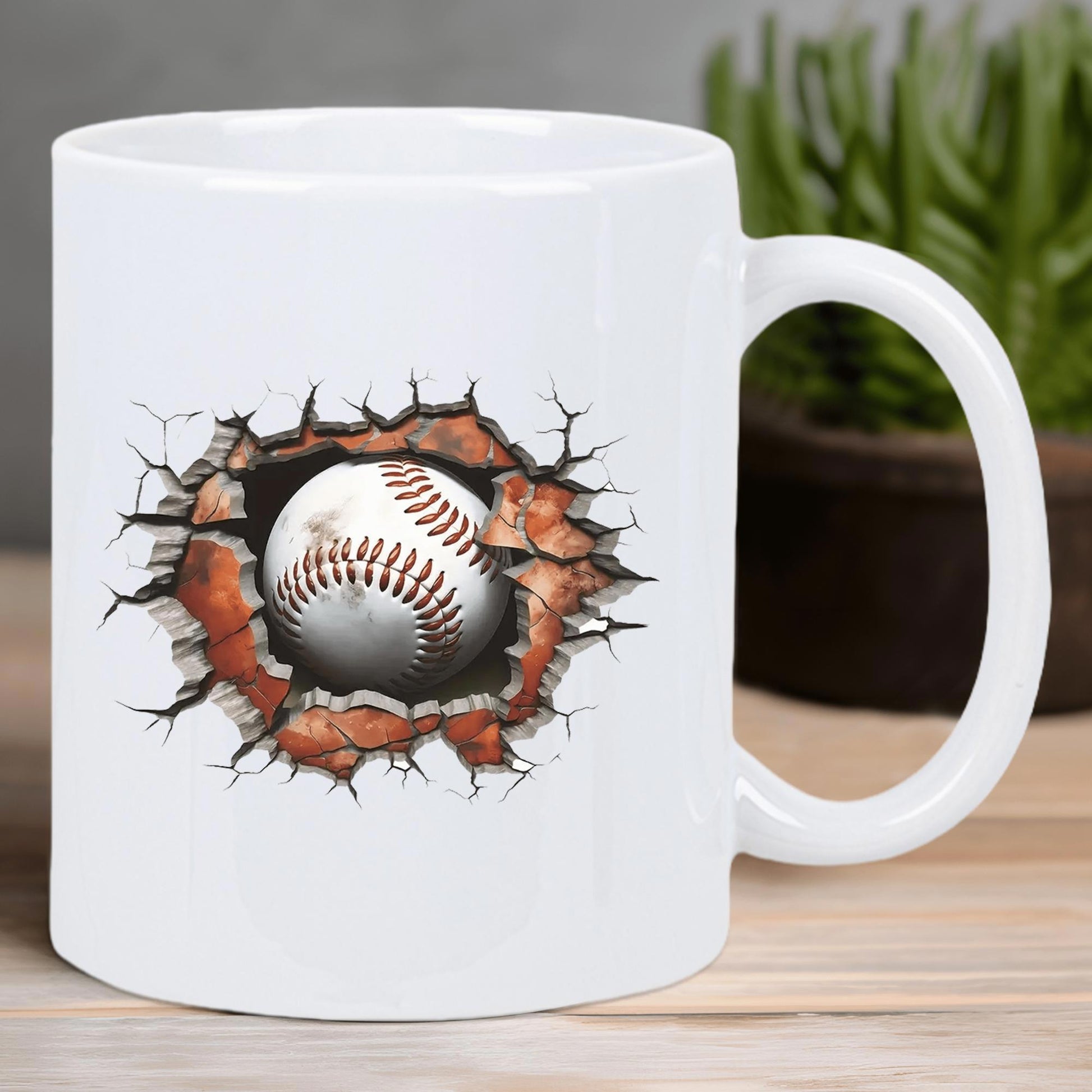 Tailorly White Ceramic 11 oz Mug - Realistic Action Sports Scene Bursting Through A Rugged Cracked Surface Baseball