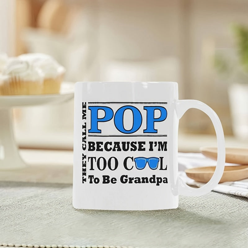 Tailorly White Ceramic 11 oz Mug - They Call Me Pop Because Im Too Cool To Be Grandpa Minimalist Blue Sunglasses Icon With Clean Horizontal Bars Featuring Bold