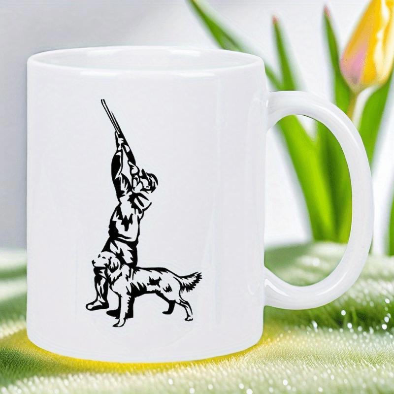 Tailorly White Ceramic 11 oz Mug - Silhouette Of A Brave Man Aiming Shotgun Beside Loyal Hunting Dog