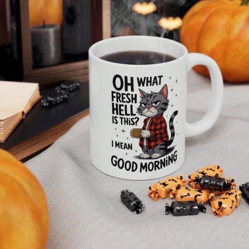 Tailorly White Ceramic 11 oz Mug - Oh What Fresh Hell Is This I Mean Good Morning Grumpy Grey Tabby Cat Wearing Red Plaid Flannel Shirt Standing Alone Cat