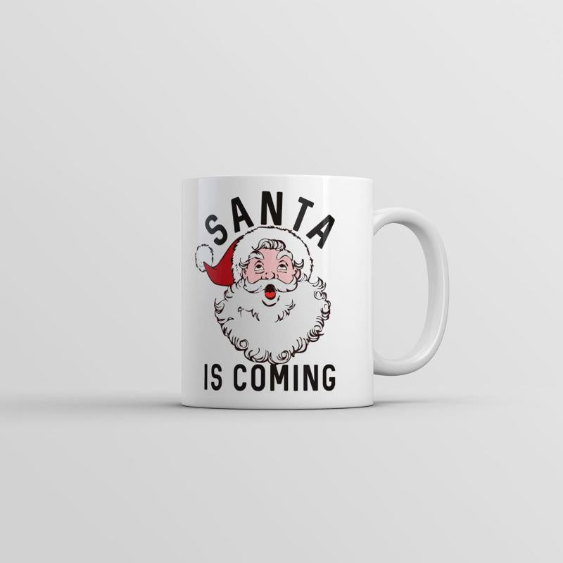 Tailorly White Ceramic 11 oz Mug - Santa Is Coming Vintage Styled Illustration With Red Hat And Fluffy White Beard Santa