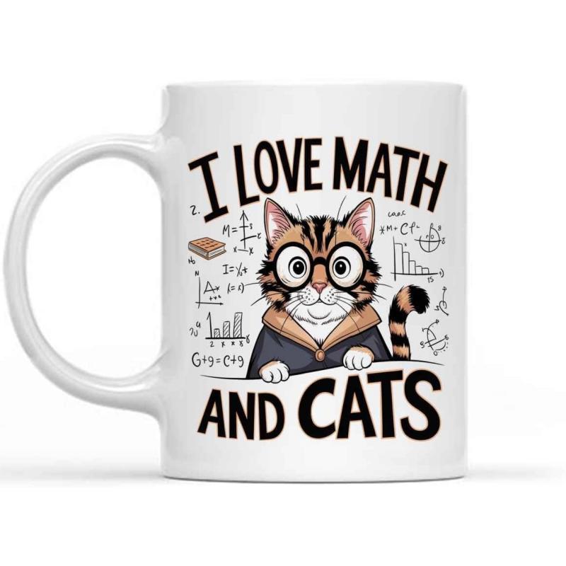 Tailorly White Ceramic 11 oz Mug - I Love Math And Cats Academic Tabby Wearing Glasses Surrounded By Formulas And Graphs Cat