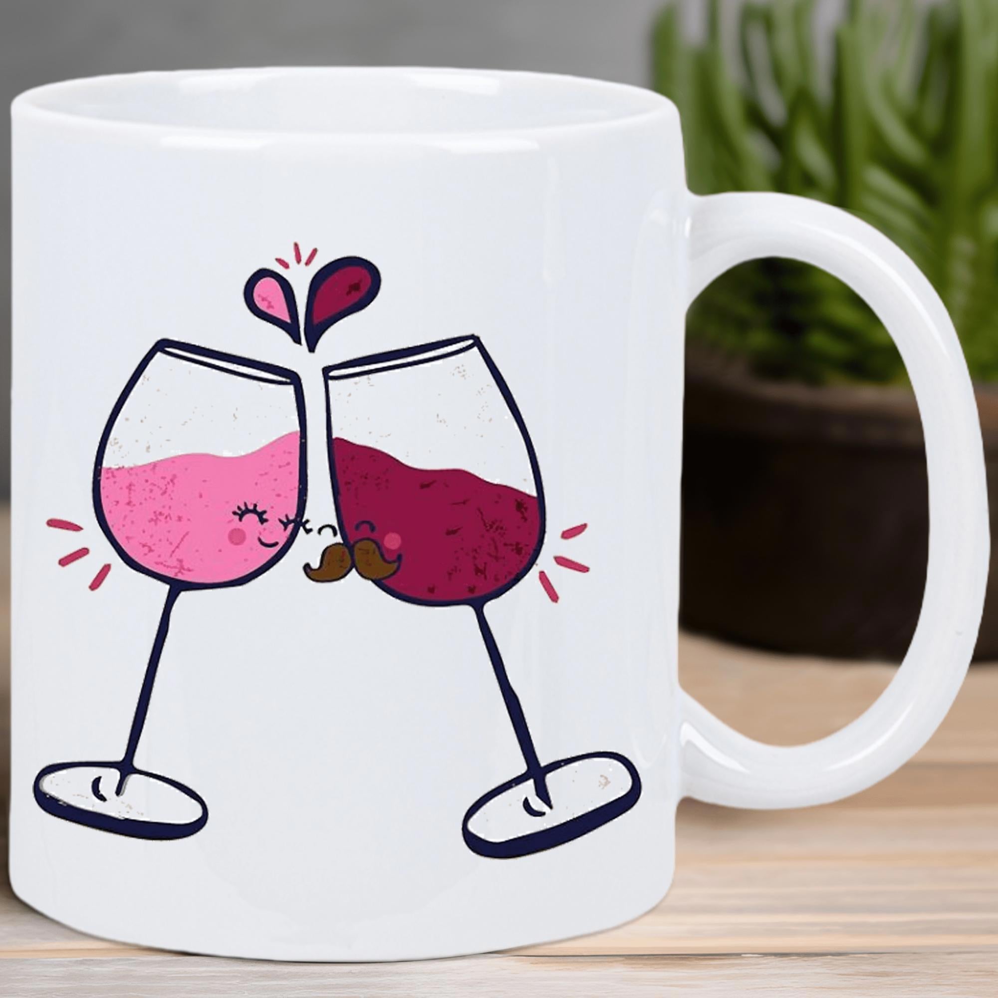 Tailorly White Ceramic 11 oz Mug - Two Charming Cartoon Wine Glasses Toasting Cheerfully Under A Sweet Heart Glass