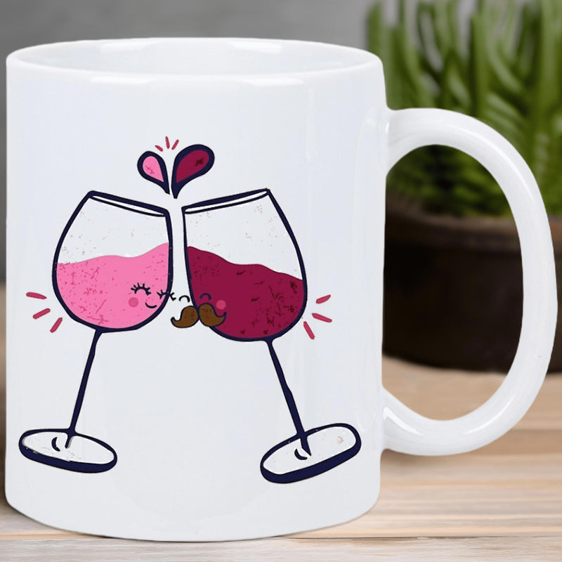 Tailorly White Ceramic 11 oz Mug - Two Charming Cartoon Wine Glasses Toasting Cheerfully Under A Sweet Heart Glass