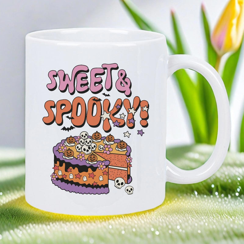 Tailorly White Ceramic 11 oz Mug - Sweet Spooky Layered Festive Halloween Cake Decorated With Skulls And Tiny Bats Cake