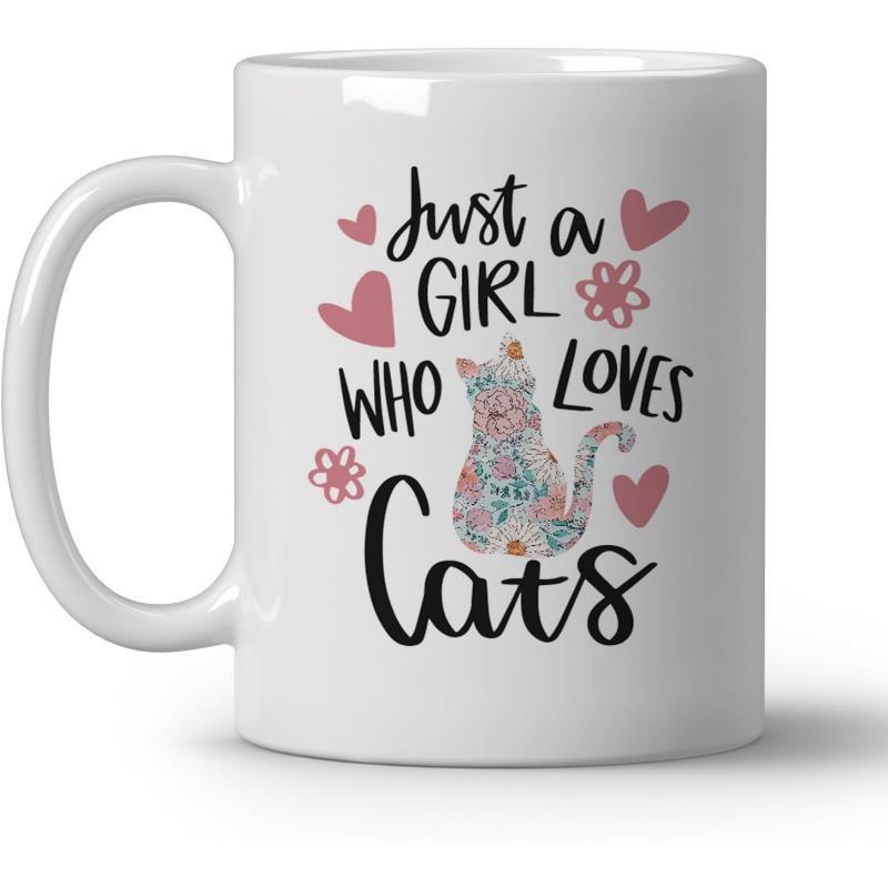 Tailorly White Ceramic 11 oz Mug - Just A Girl Who Loves Cats Adorable Floral Patterned Feline Silhouette Surrounded By Sweet Pink Hearts Cat