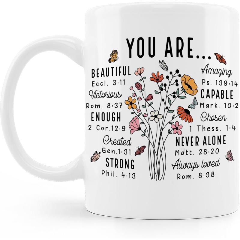 Tailorly White Ceramic 11 oz Mug - You Are Beautiful Victorious Enough Created Strong Amazing Capable Chosen Never Alone Always Loved Delicate Hand Drawn