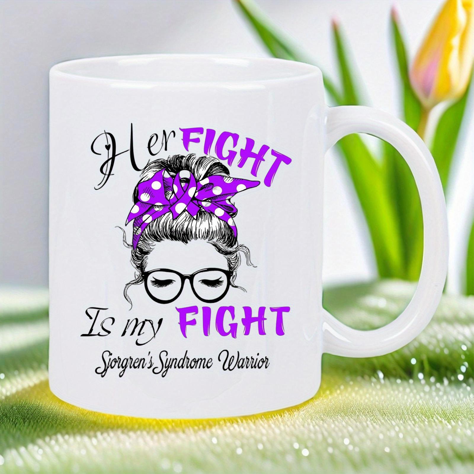 Tailorly White Ceramic 11 oz Mug - Her Fight Is My Fight Sjogrens Syndrome Warrior Messy Bun Silhouette With Purple Polka Dot Bow And Glasses Mug