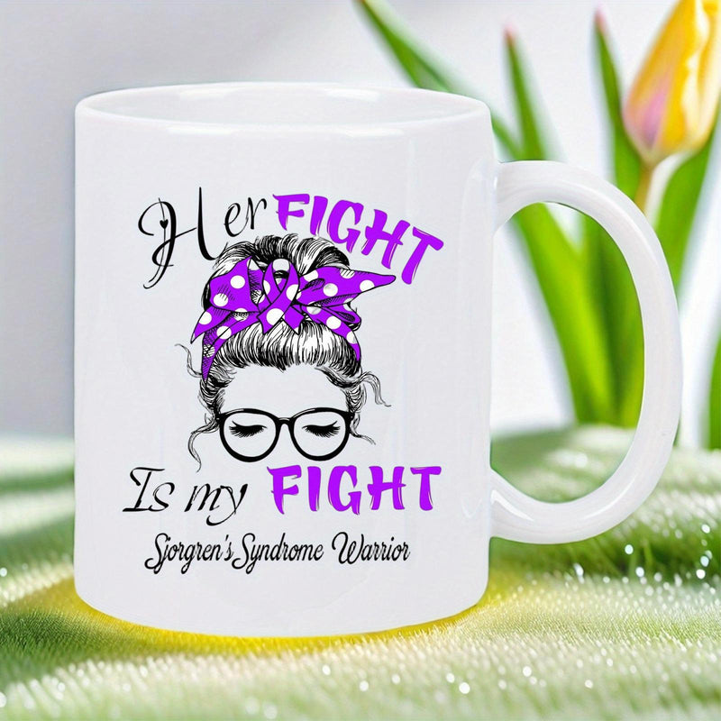 Tailorly White Ceramic 11 oz Mug - Her Fight Is My Fight Sjogrens Syndrome Warrior Messy Bun Silhouette With Purple Polka Dot Bow And Glasses Mug