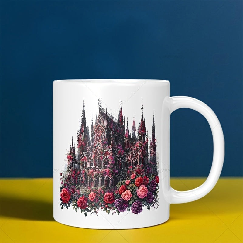 Tailorly White Ceramic 11 oz Mug - Intricate Gothic Architecture Surrounded By Lush Blooming Red And Purple Roses Castle
