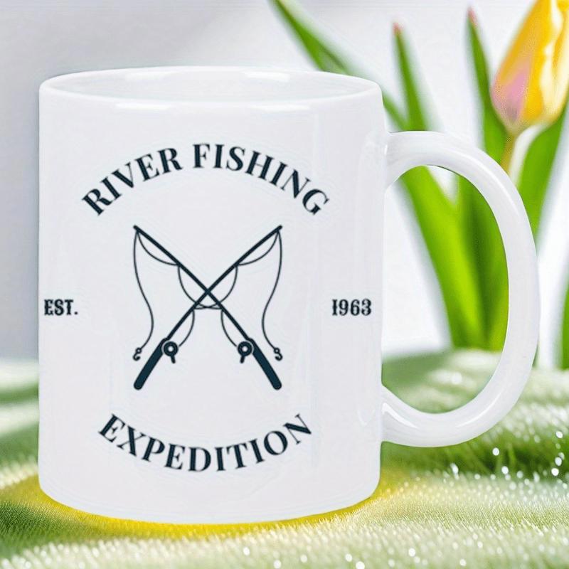 Tailorly White Ceramic 11 oz Mug - River Fishing Expedition Est 1963 Vintage Outdoor Style Featuring Two Crossed Fishing Rods Mug