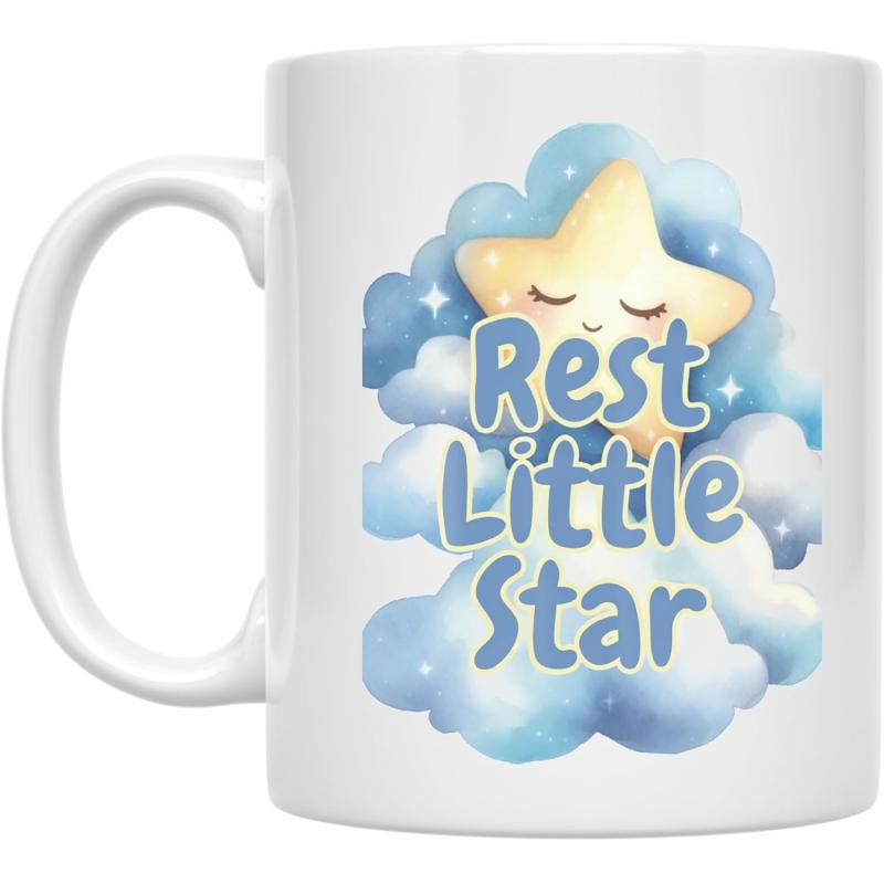Tailorly White Ceramic 11 oz Mug - Rest Little Star Cute Sleeping Yellow Star Among Fluffy Soft Blue Watercolor Clouds Star