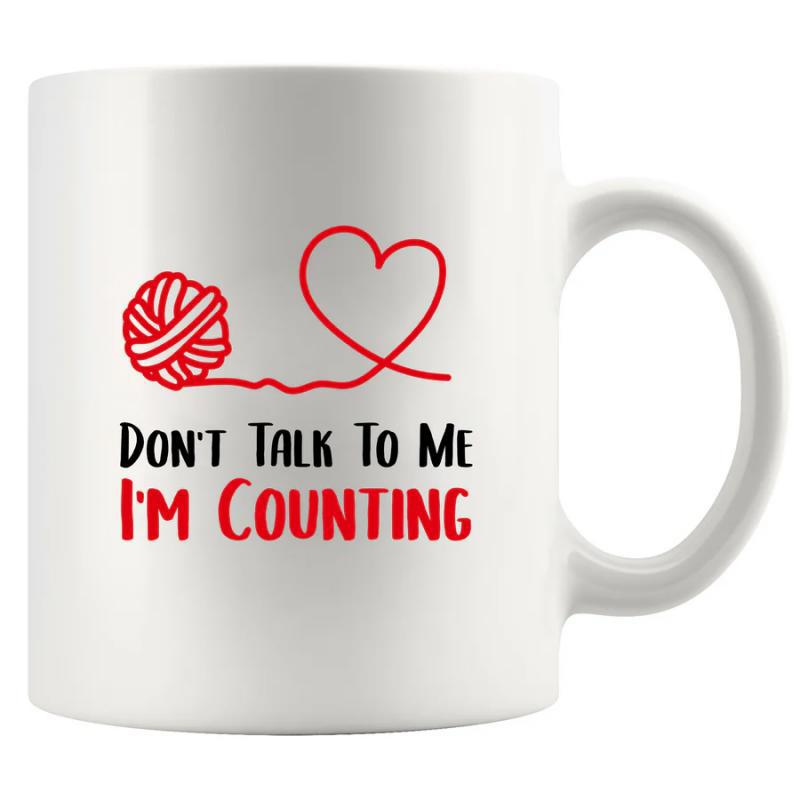 Tailorly White Ceramic 11 oz Mug - Dont Talk To Me Im Counting Red Minimalist Heart Shape Connected To A Soft Textured Woolen Yarn